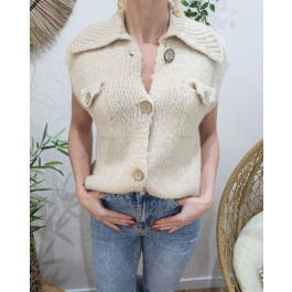 Gilet bouclettes femme sans manches boutonné et col-Beige