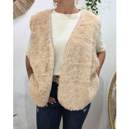 Gilet femme sans manche fausse fourrure-Beige