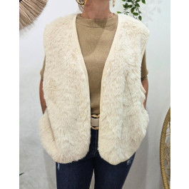 Gilet femme sans manche fausse fourrure-Ecru