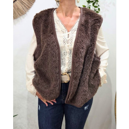 Gilet femme sans manche fausse fourrure-Marron