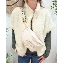 Sac banane femme moumoute broderie AMOUR sangle léopard dorée-Beige