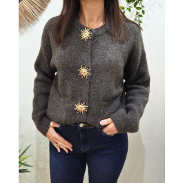 Gilet femme camel boutons soleil doré-Marron