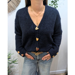 Gilet femme boutons coeurs dorés-Bleu marine
