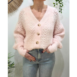 Gilet boutonné ajouré-Rose