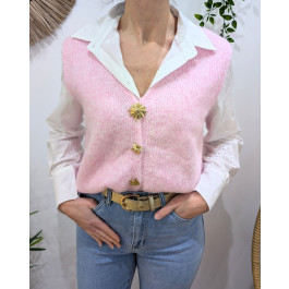 Pull sans manches femme col V boutons ciselés dorés-Rose