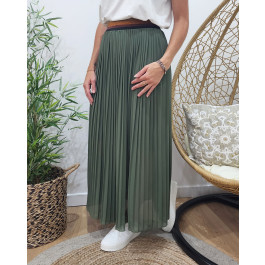 Jupe longue plissée élastique pailleté-Kaki
