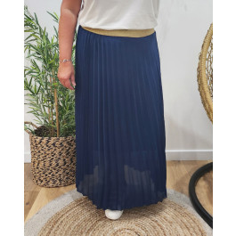 Jupe femme longue plissée grande taille élastique doré pailleté-Bleu marine