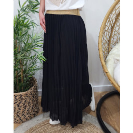 Jupe femme longue plissée grande taille élastique doré pailleté-Noir