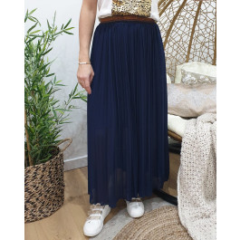 Jupe longue plissée femme élastique pailleté-Bleu marine