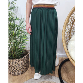 Jupe longue plissée femme élastique pailleté-Vert bouteille