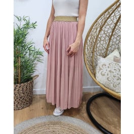 Jupe longue plissée femme élastique doré-Rose poudré