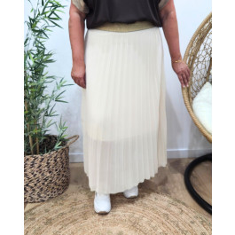 Jupe longue plissée femme grande taille élastique doré pailleté-Beige