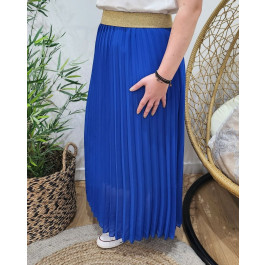 Jupe longue plissée femme grande taille élastique doré pailleté-Bleu roi