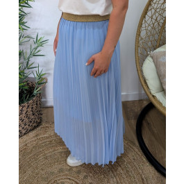 Jupe longue plissée femme grande taille élastique doré pailleté-Bleu ciel