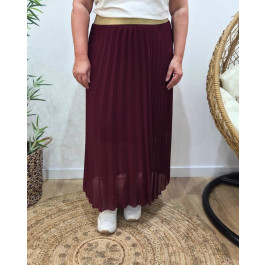 Jupe longue plissée femme grande taille élastique doré pailleté-Rouge bordeaux
