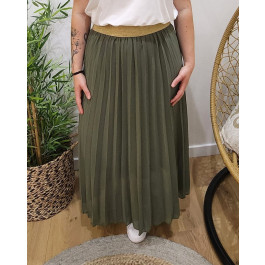 Jupe longue plissée femme grande taille élastique doré pailleté-Kaki