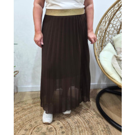 Jupe longue plissée femme grande taille élastique doré pailleté-Marron