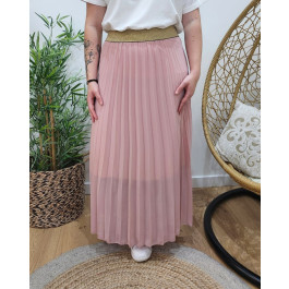 Jupe longue plissée femme grande taille élastique doré pailleté-Rose poudré