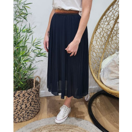 Jupe midi plissée femme élastique pailleté-Bleu marine