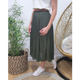 Jupe midi plissée femme élastique pailleté-Kaki