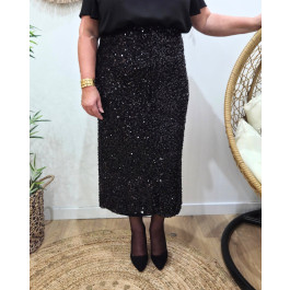 Jupe longue femme à perles et sequins grande taille Maëlyne-Noir