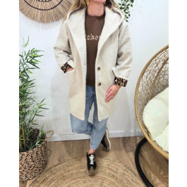 Manteau laine à capuche femme revers leopard-Ecru