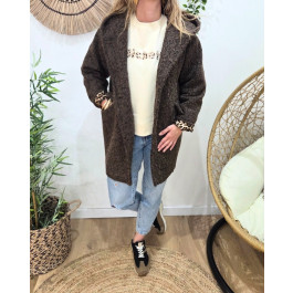 Manteau laine à capuche femme revers leopard-Marron