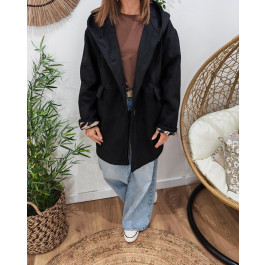 Manteau long femme à capuche étoile zébrée-Noir