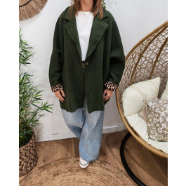 Manteau long femme dos étoile et manches léopard-Kaki