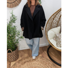 Manteau long femme dos étoile et manches léopard-Noir