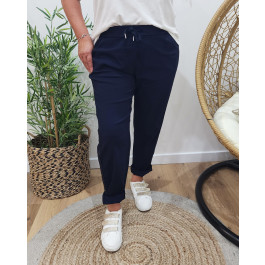 Pantalon fluide uni élastiqué bande lurex-Bleu marine
