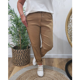 Pantalon fluide uni élastiqué bande lurex-Camel