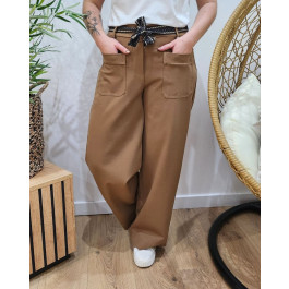 Pantalon femme élastiqué coupe droite et poches-Camel