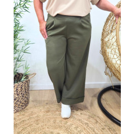 Pantalon femme élastiqué coupe droite avec rebord-Kaki