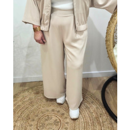 Pantalon femme élastiqué coupe large et fluide-Beige