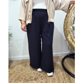 Pantalon femme élastiqué coupe large et fluide-Bleu marine