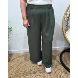 Pantalon femme élastiqué coupe large et fluide-Kaki