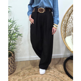 Pantalon uni femme élastiqué fluide-Noir