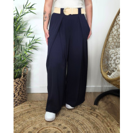 Pantalon femme élastiqué coupe large et fluide Callisto-Bleu marine