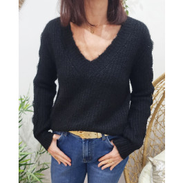 Pull femme uni col V manches ajourées brodées Milla-Noir