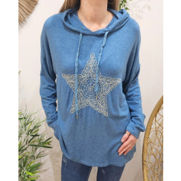 Pull à capuche femme oversize étoile brodée pailletée-Bleu