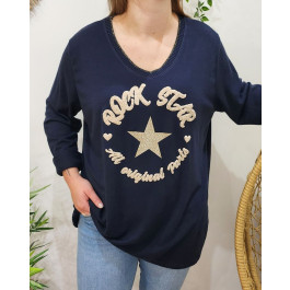 Pull femme oversize ROCK STAR étoile pailletée-Bleu marine
