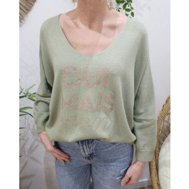 Pull femme Oui mais non pailleté-Kaki clair