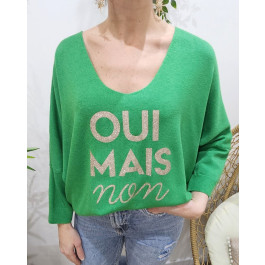 Pull femme Oui mais non pailleté-Vert gazon