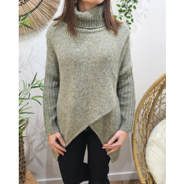 Pull femme croisé à col roulé-Kaki