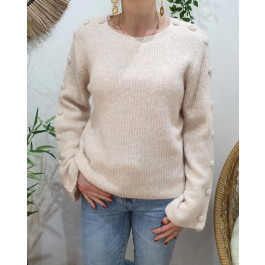 Pull femme uni chiné manches boutonnées Mirabelle-Beige