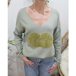 Pull femme col V bouche-Kaki
