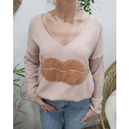 Pull femme col V bouche-Rose poudré