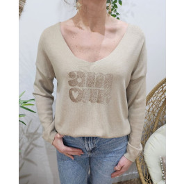 Pull femme col V amour pailleté-Beige