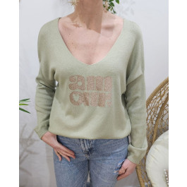 Pull femme col V amour pailleté-Kaki clair